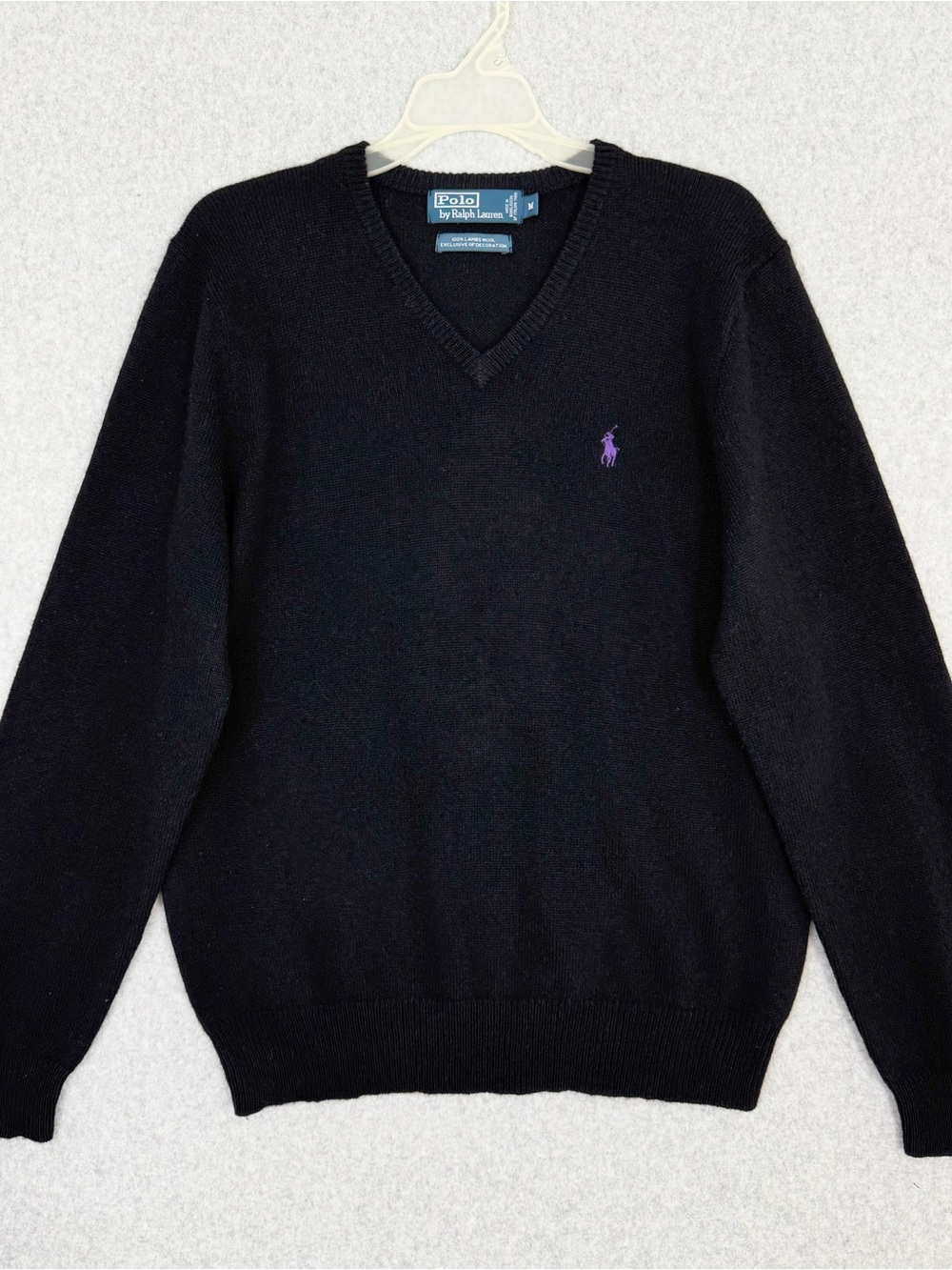 Polo Ralph Lauren Mens V-Neck Sweater 100% Merino Wool Black Purple Pony Medium